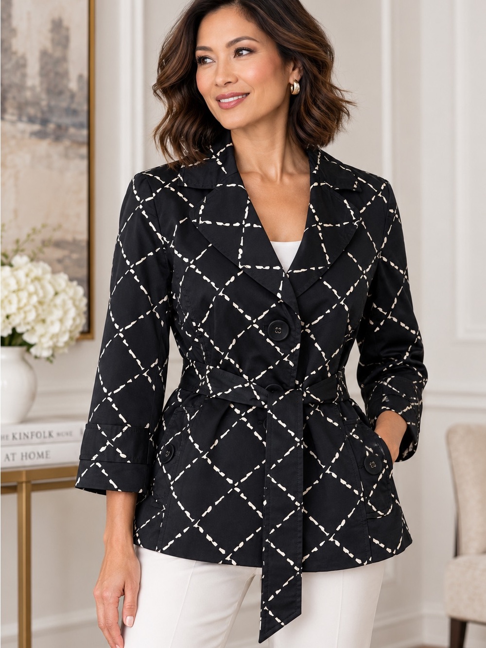 Halogen Navy & White Trench Belted Blazer Jacket Size MP